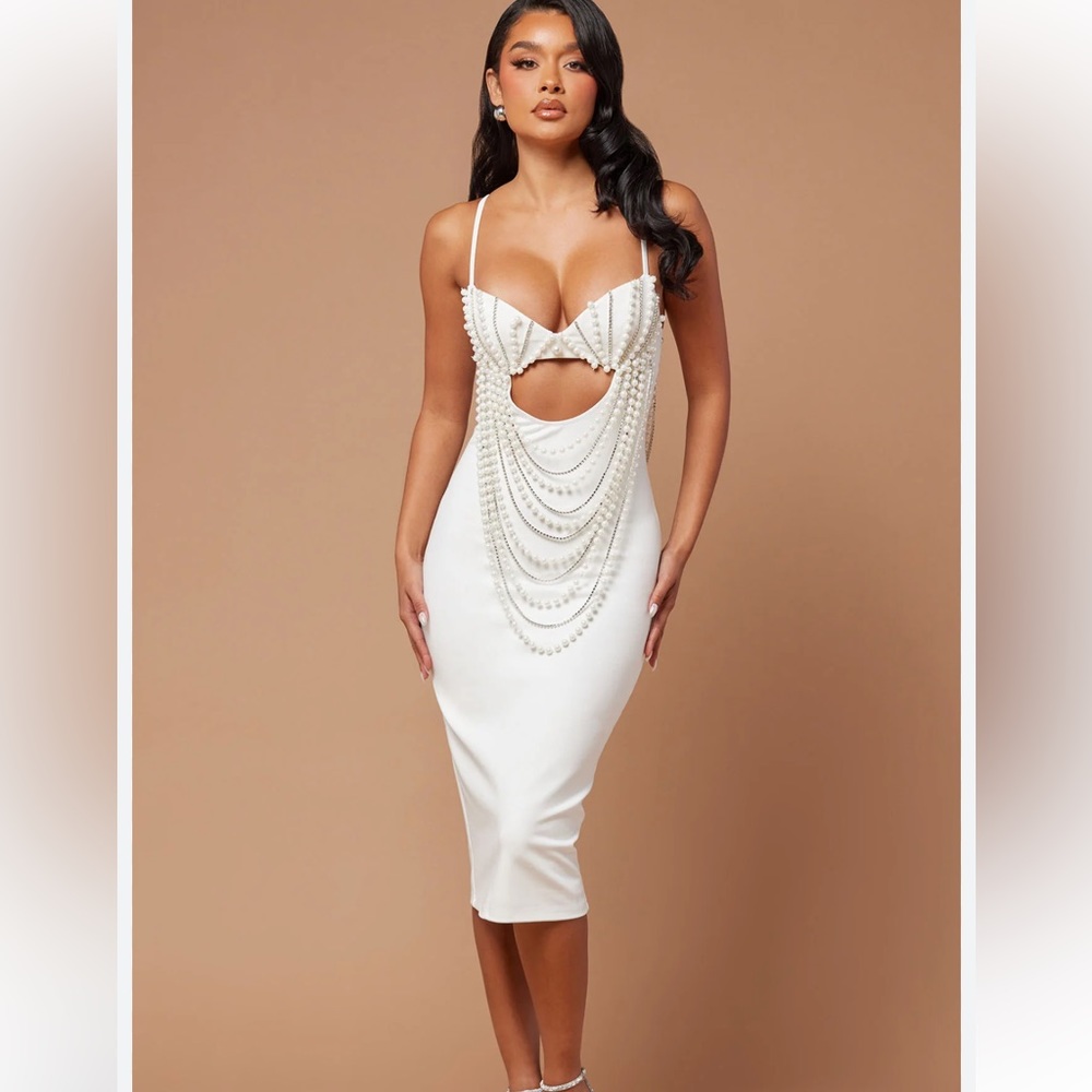 Fashion Nova Embellished Midi Dress in White
